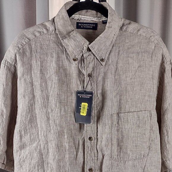 Roundtree & Yorke Light Brown Short Sleeve Casual 100% Linen Shirt Size XL (NWT) - Picture 2 of 13